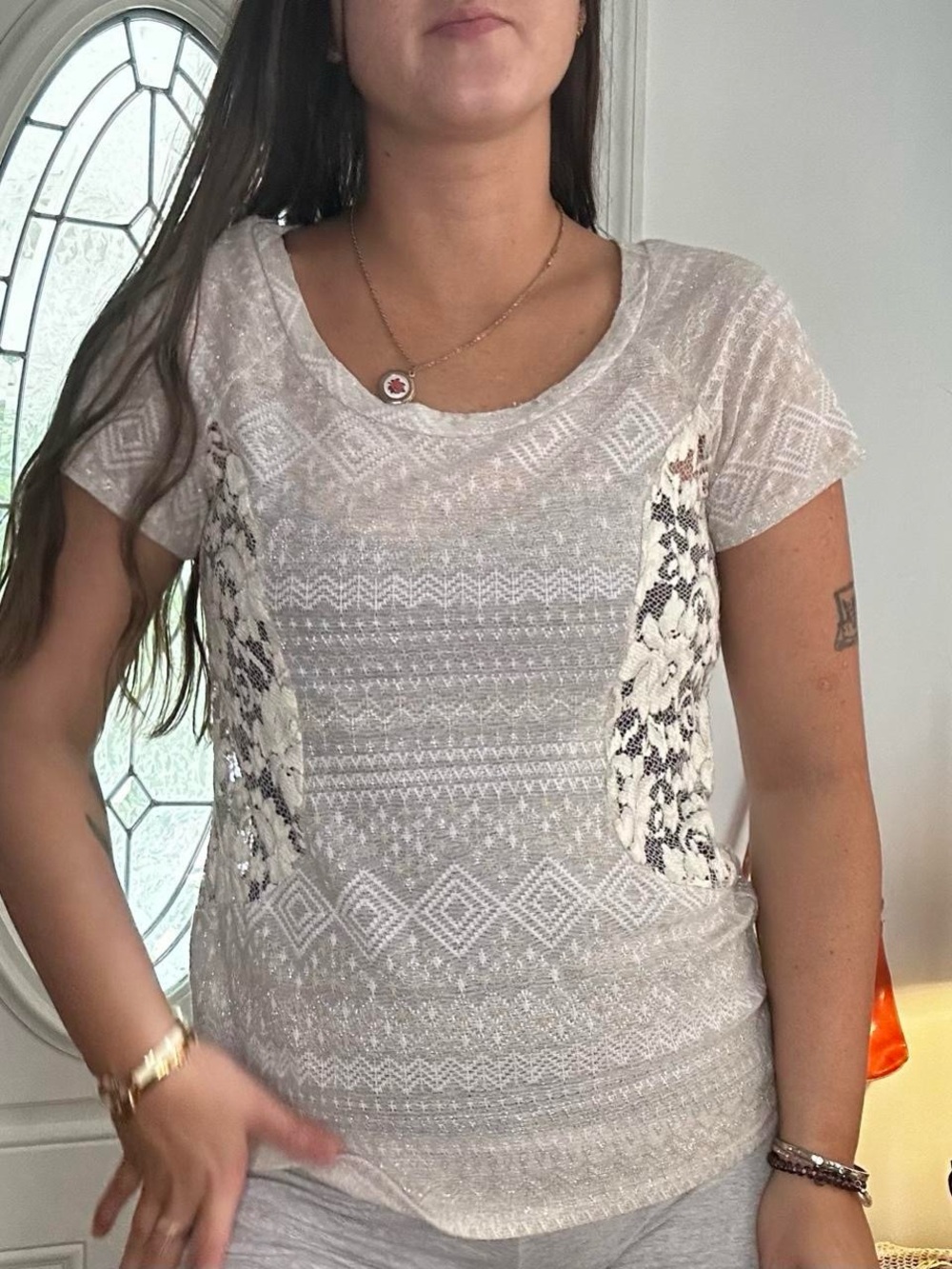 Cream Lace-Panel Women's Knit Top